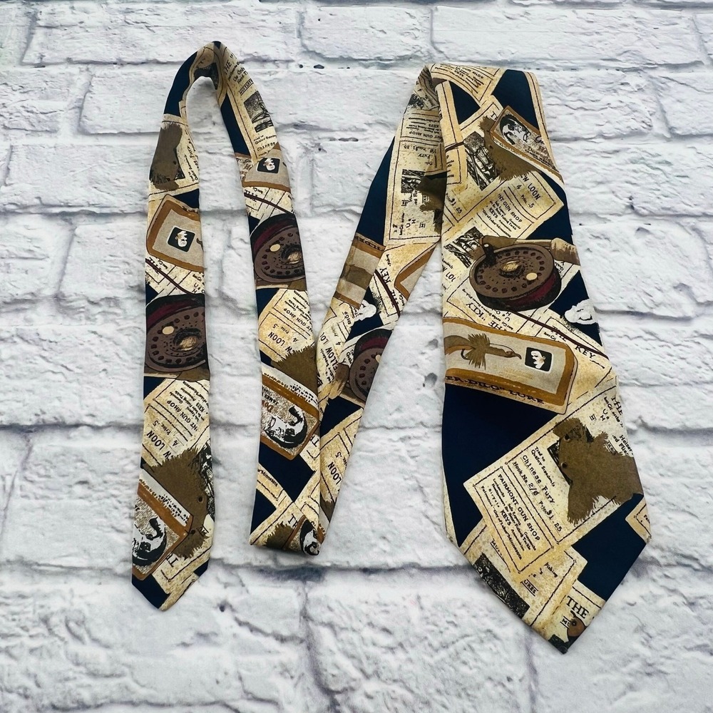 Eddie Bauer Mens Vintage Silk Tie Fishing Lure Newsprint Novelty Navy Tan USA